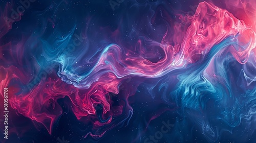 Fluid abstract patterns in electric blue and hot pink, resembling a dance of colors in a dark void.