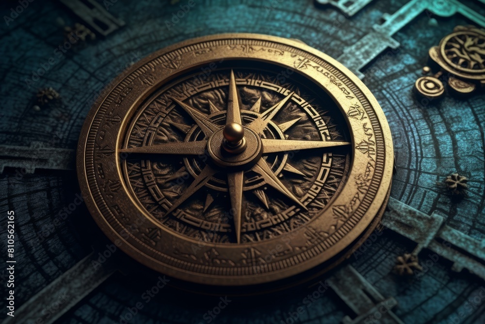 Antique brass compass on old map Antique brass compass on old map
