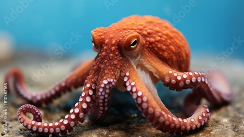 Vibrant orange octopus with tentacles on a blue background © Balaraw