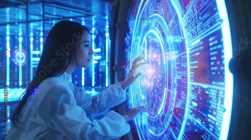 Data scientists work in a modern laboratory of a technology company on the development of a quantum computer. The concept of science, technology, machine learning, big data. AI-generated.