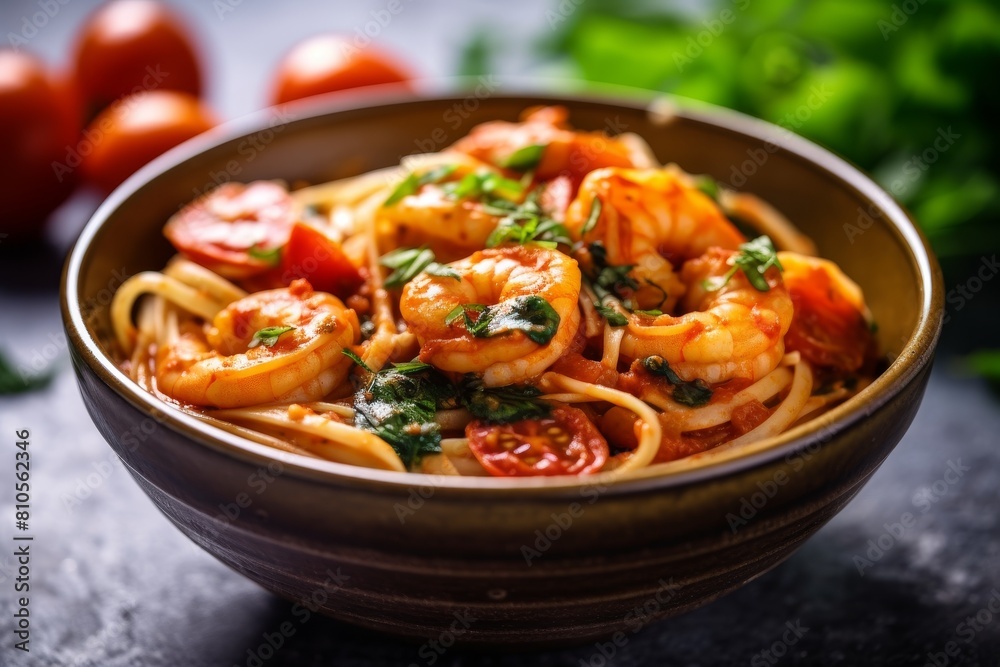Delicious shrimp pasta dish with tomatoes and herbs