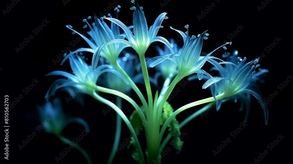 Vibrant blue and green flower blooming in the dark Vibrant blue and green flower blooming in the dark
