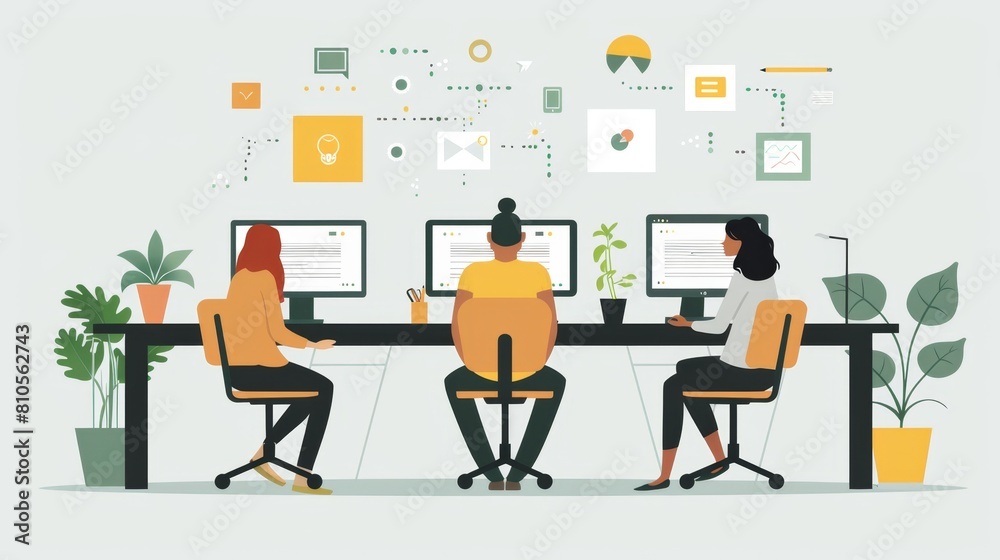 illustration Three people are working together at the same desk illustration Three people are working together at the same desk