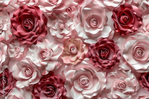 Lifelike 3D roses in shades of blush and crimson  forming a seamless pattern for an opulent wallpaper design  suitable for upscale decor or wedding themes