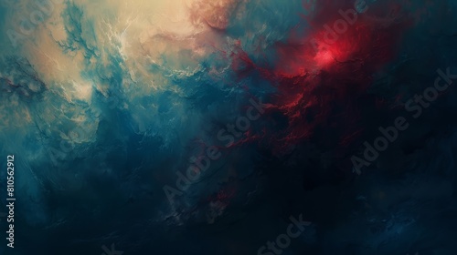   A red-blue cloud tableau, with a scarlet radiant light centrally situated in the mid-sky photo