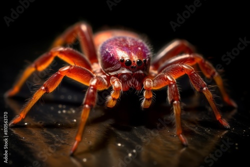 Vibrant orange spider with glowing red eyes