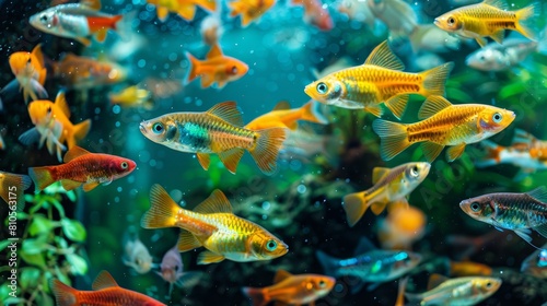  A sizable school of yellow fish swim in an expansive aquarium teeming with verdant plants and smaller yellow and red fish