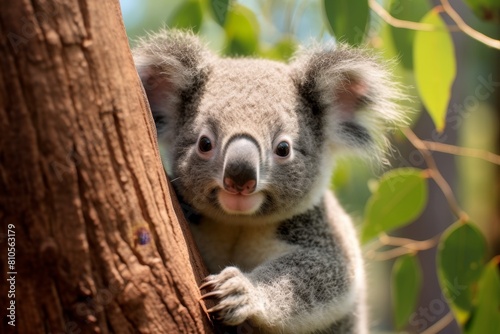 Adorable koala peeking out from behind tree trunk