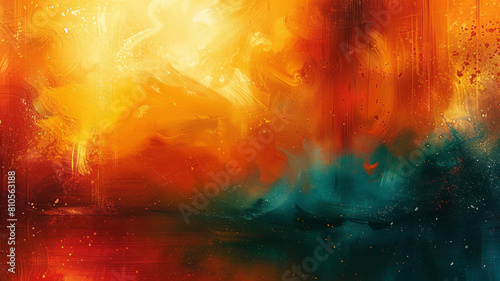 A painting of a red  orange  and blue background with a yellow sun in the middle