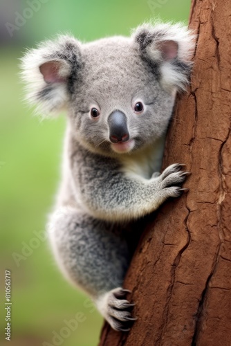 Adorable koala peering out from tree trunk