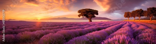 Vibrant lavender fields at sunset