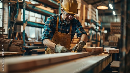 Skilled craftsmen in uniforms meticulously apply glue to wooden sticks at the production site. Attention to detail in the world of woodworking photo