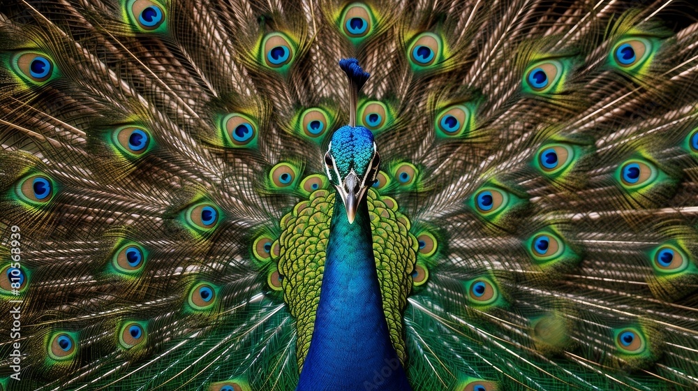 Fototapeta premium Vibrant peacock displaying its magnificent feathers