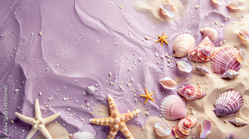 Sand with seashells on lilac background