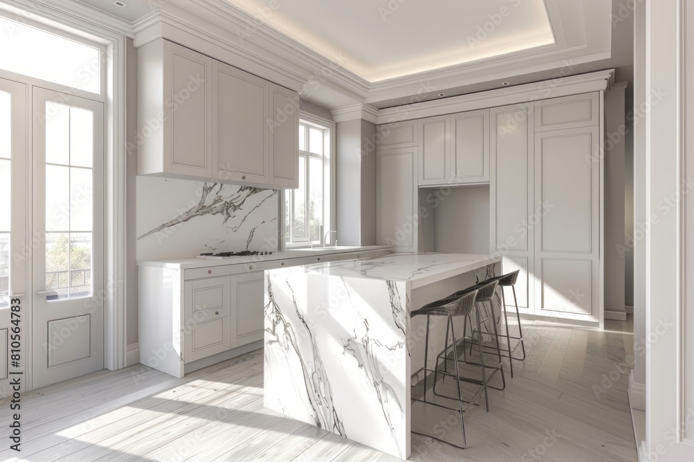 Modern kitchen with a marble island and white cabinets. The light grey wooden floor is visible, as well as the window on one side that brings natural sunlight into the space Modern kitchen with a marble island and white cabinets. The light grey wooden floor is visible, as well as the window on one side that brings natural sunlight into the space