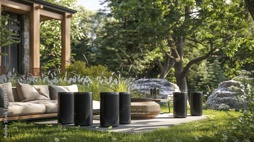Outdoor Bluetooth speaker system with multiple speakers for 360-degree sound dispersion, featuring weatherproof construction and long-range wireless connectivity
