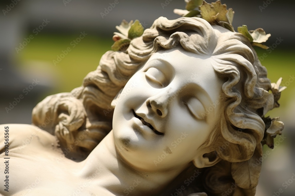 Serene stone sculpture of a woman's face with flowers