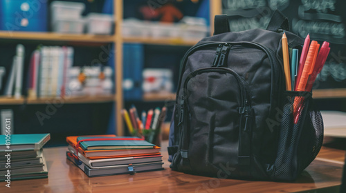School backpack and stationery on table