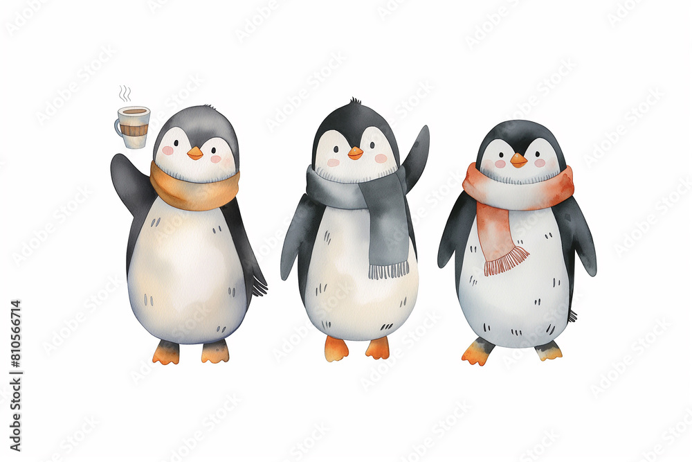 Fototapeta premium This image features three adorable penguins illustrated in a charming watercolor style.