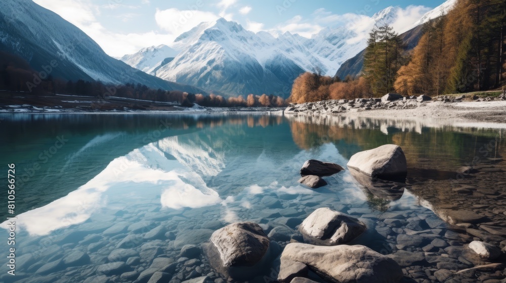 Serene mountain lake with snow-capped peaks Serene mountain lake with snow-capped peaks