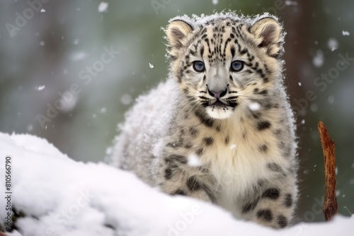 snow leopard cub in snowy landscape