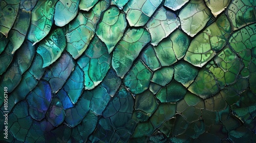 An abstract texture background that mimics the patterns of a dragonfly's wing, with a palette of iridescent greens and blues, and a shimmering, metallic quality. photo