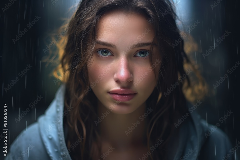 Thoughtful young woman in the rain Thoughtful young woman in the rain