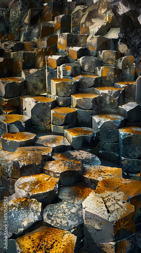 Giants causeway, A dark image of a rock wall with squares. photo
