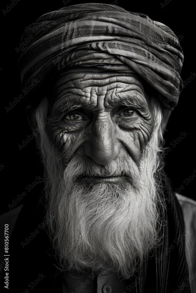 Weathered face of an elderly man with a long beard