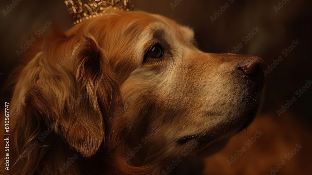   A dog in focus, wearing a tiara against a dark backdrop