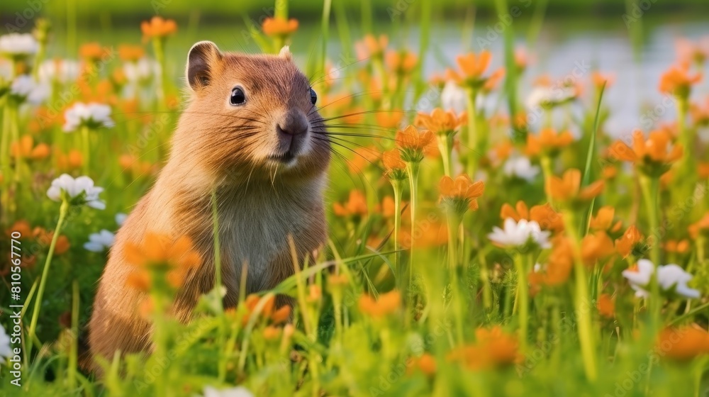 Cute squirrel in a field of flowers Cute squirrel in a field of flowers