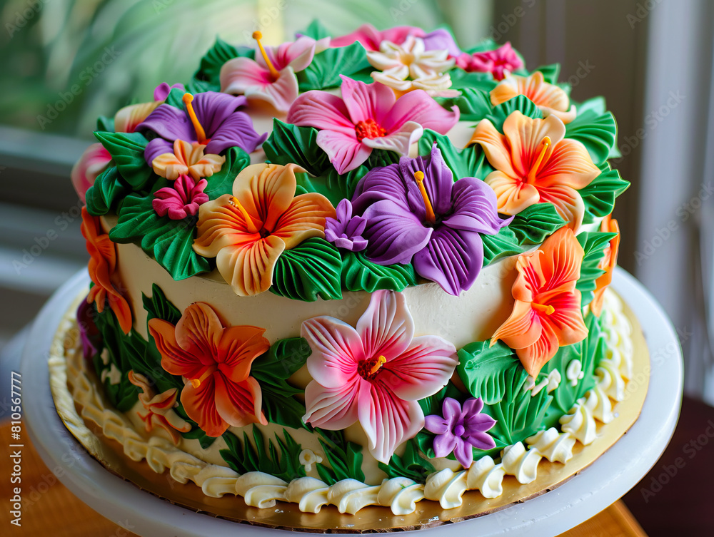 A cake with colorful flowers on top. A cake with colorful flowers on top.