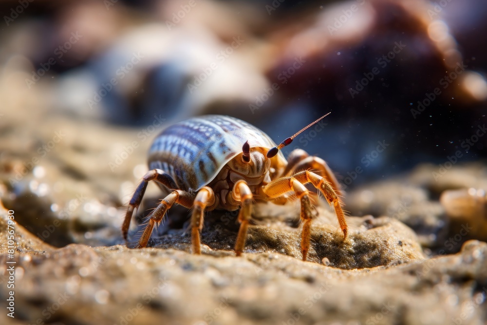 Macro shot of a colorful bug crawling on sand Macro shot of a colorful bug crawling on sand