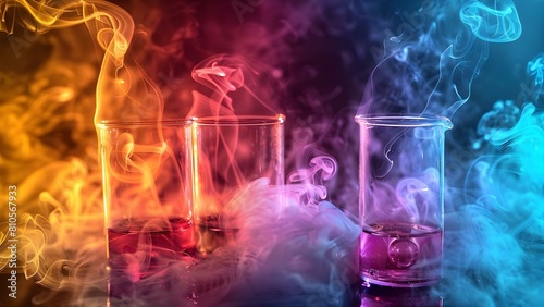 Vibrant chemistry experiment with colorful liquids in glassware creating mesmerizing smoke. Concept Chemistry Experiments, Colorful Liquids, Glassware, Smoke, Vibrant Aesthetics