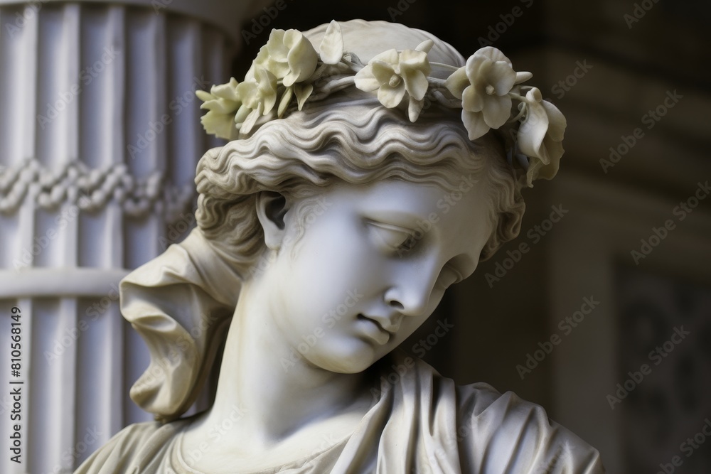Elegant marble statue with floral crown