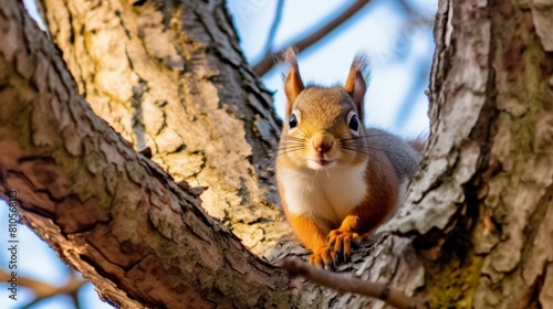 Curious squirrel peeking out from tree bark © Balaraw