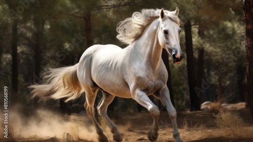Majestic white horse running in forest