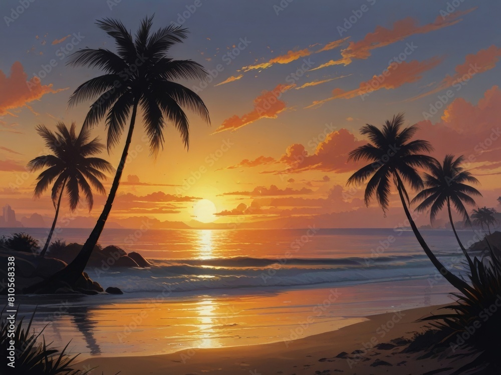 Panoramic view of dusk tropical beach with palm trees in summer