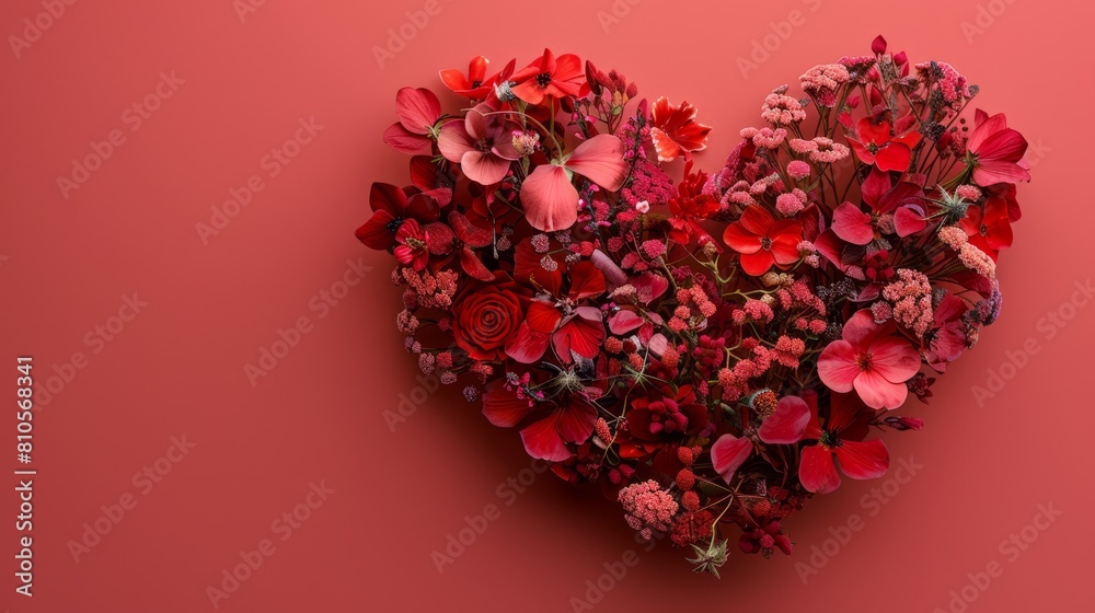 A heart-shaped cluster of red and pink blossoms against a pink backdrop, with a solitary red rose at the center A heart-shaped cluster of red and pink blossoms against a pink backdrop, with a solitary red rose at the center