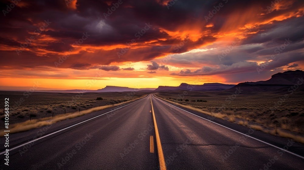 Naklejka premium Dramatic sunset over a long desert road