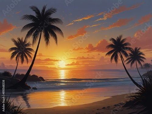 Panoramic view of dusk tropical beach with palm trees in summer © Zeeedoct