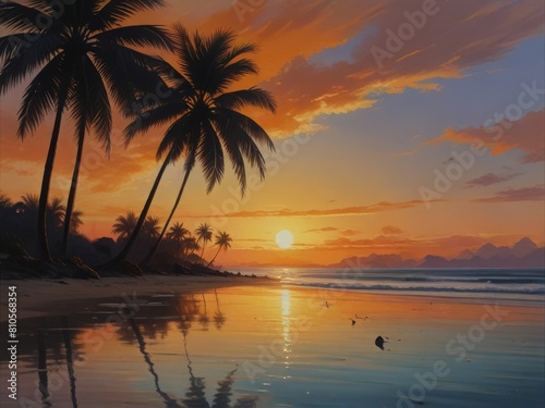 Panoramic view of dusk tropical beach with palm trees in summer