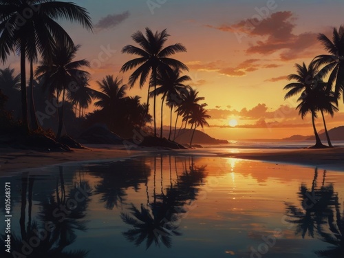 Panoramic view of dusk tropical beach with palm trees in summer