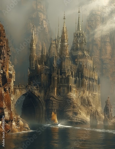  a digital painting of a castle on a cliff photo