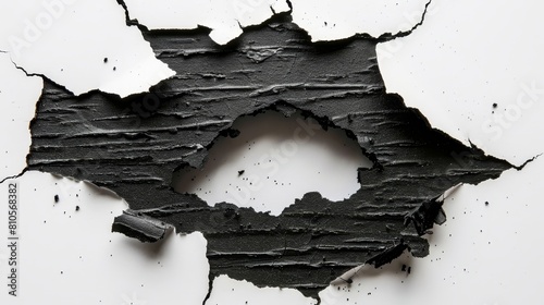   A tight shot of a wall hole with edges bearing flaking paint, revealing a central cavity photo