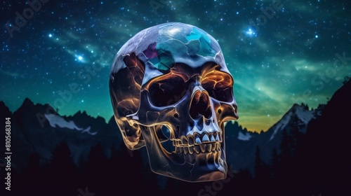 Glowing skull in space