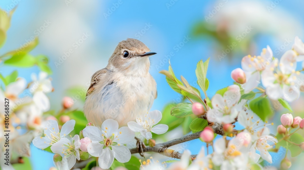 Fototapeta premium A small bird perched on a tree branch against a backdrop of white and pink flowers in the foreground, and a blue sky overhead