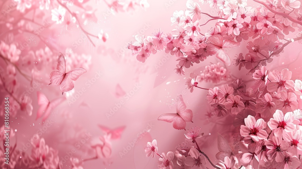   A pink backdrop teeming with pink blossoms, above which butterflies flutter in flight