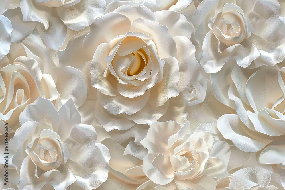 3D white roses intermixed with translucent petals in a seamless pattern ...