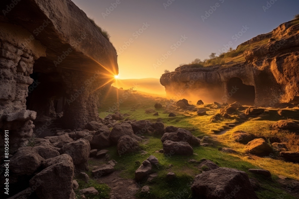 Dramatic sunset landscape with rocky cliffs and glowing light